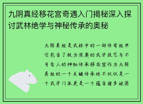 九阴真经移花宫奇遇入门揭秘深入探讨武林绝学与神秘传承的奥秘