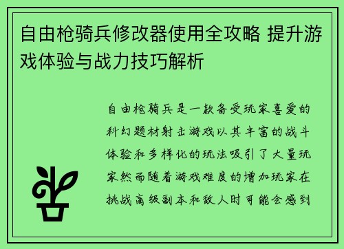自由枪骑兵修改器使用全攻略 提升游戏体验与战力技巧解析