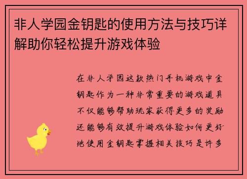 非人学园金钥匙的使用方法与技巧详解助你轻松提升游戏体验
